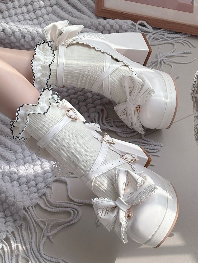 Block Heels Buckles High Bow Detachable Crisscross Design White Top Heart at