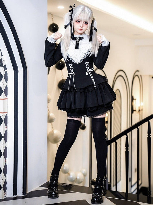 Lolita Dress Charm Cross Lace-up Straps Neckline Gothic Black Ruffle White