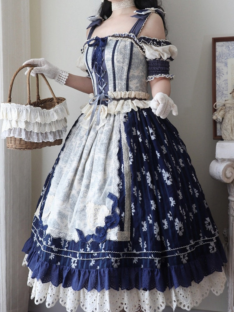 Blue Open Shoulders Cabins Corset Top + Dark Blue Floral Print Lolita Skirt