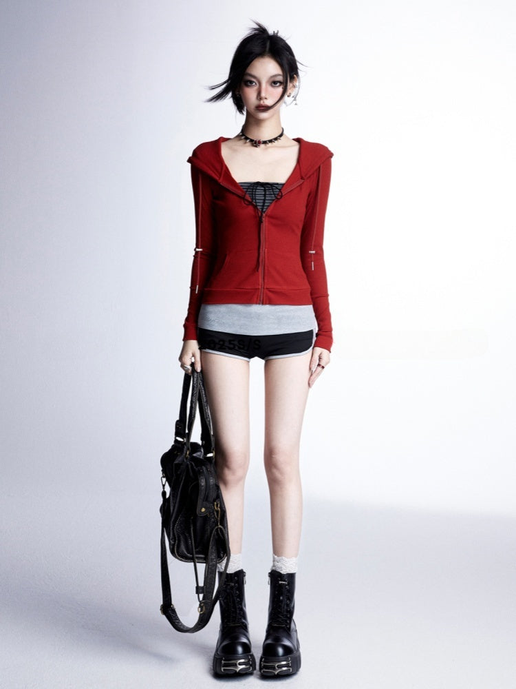 Top Slim-fitting Hooded Zip Closure Black/Gray/Red