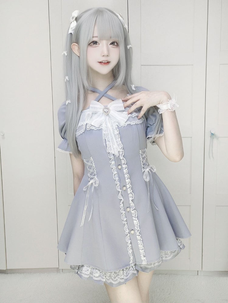 mit Dusty Dress Jirai und Kei Blue Tie Buttons Set: Neck Heart Neckholder Shorts verstellbar