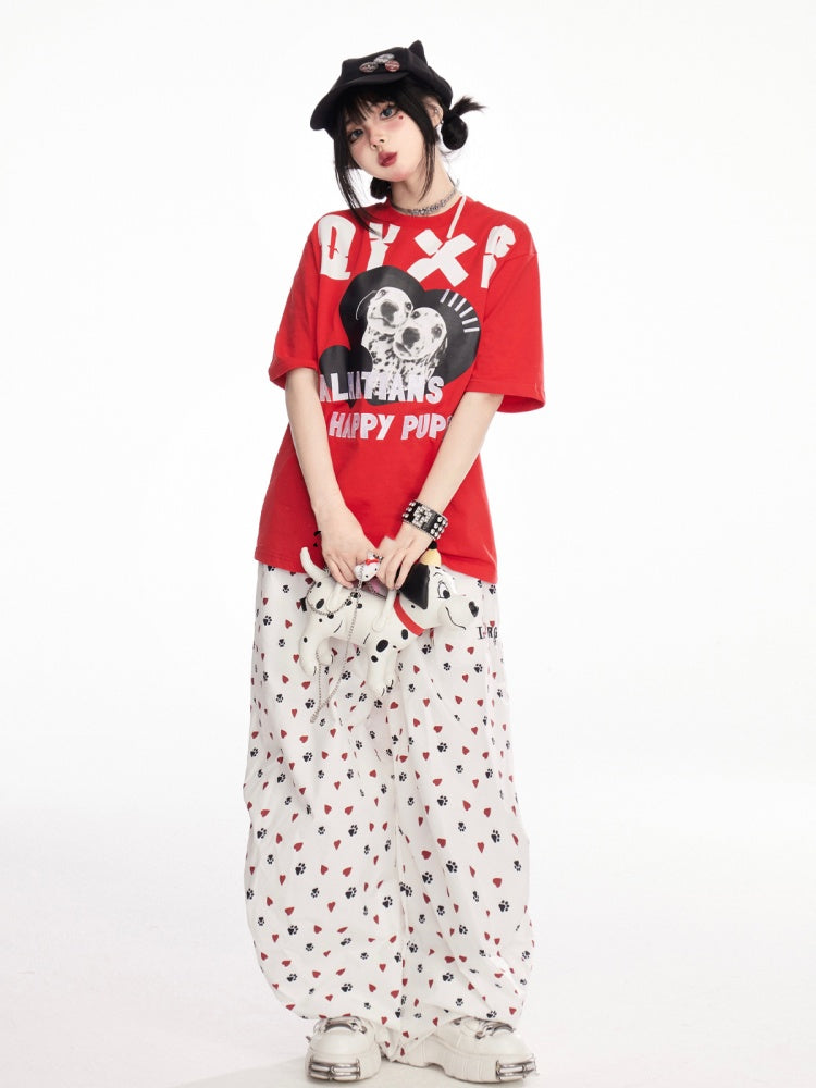 with Charm White Allover Paw Print Drawstring Cuffs Wide-Leg Pants Free