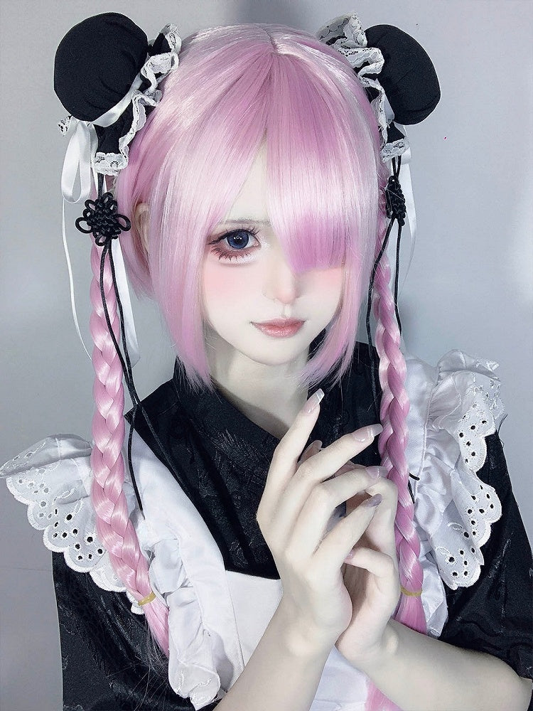 Full Clips 30CM Wig Pink + Short Ponytail With 55CM Bangs Claw Straight Double Braided