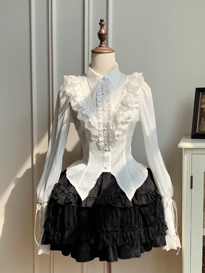 Lolita Long Pointed Collar Shirt White Sleeves Foldover Gothic