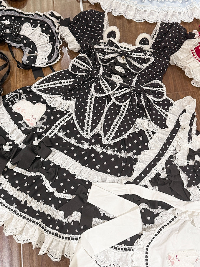 Sweet Bunny Square Ears Version Neckline Gorgeous Dress Pattern Lolita Polka Black Plush Dots