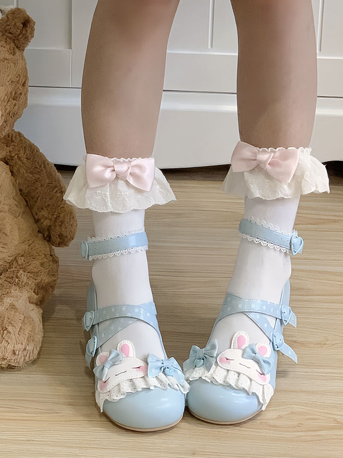 Süßes Design Crisscross Polka-dot Schuhe Lolita Bunny Spitze Applique Trim Muster Details Bowknot Blau