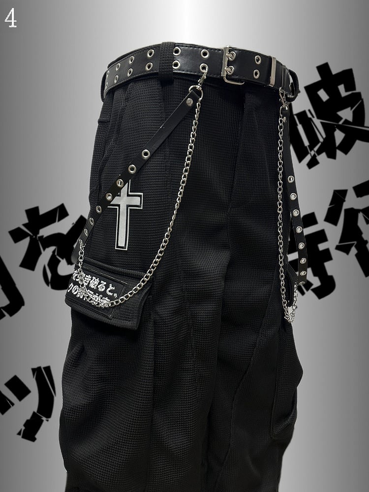 Applikation Schwarz Punk Weites Bein Cargo Kreuz Verziert Rock Taschen Hose Brief Und