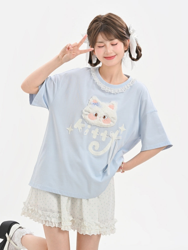 Long/Short Round Neck Plush Version Blue T-Shirt Cat Applique