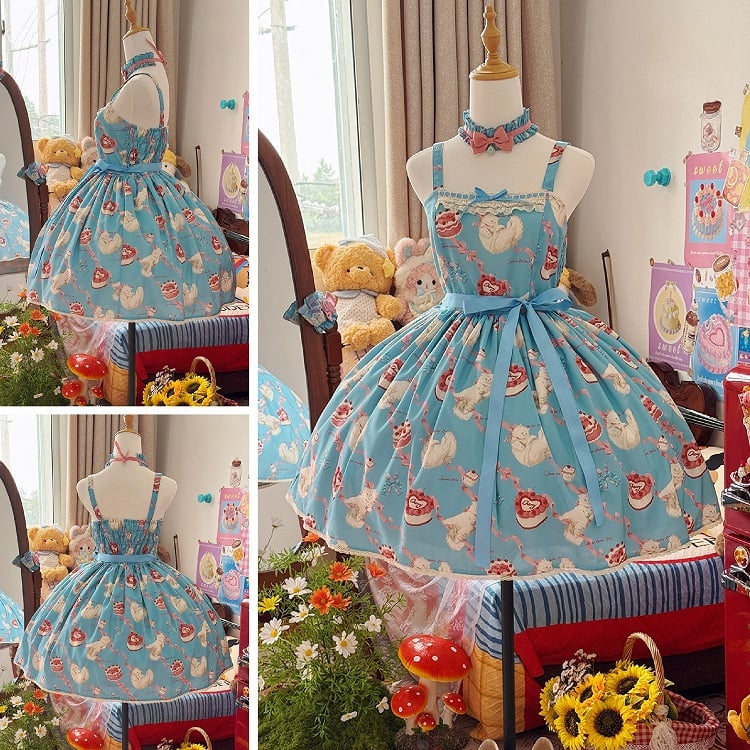 Dress Print Skirt Cute Lolita Jumper Showa Fluffy Kitty Blue Sweet