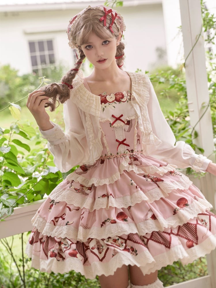 Knielanger Lolita-Rock mit gestuftem Saum und rosa Apfel-Print