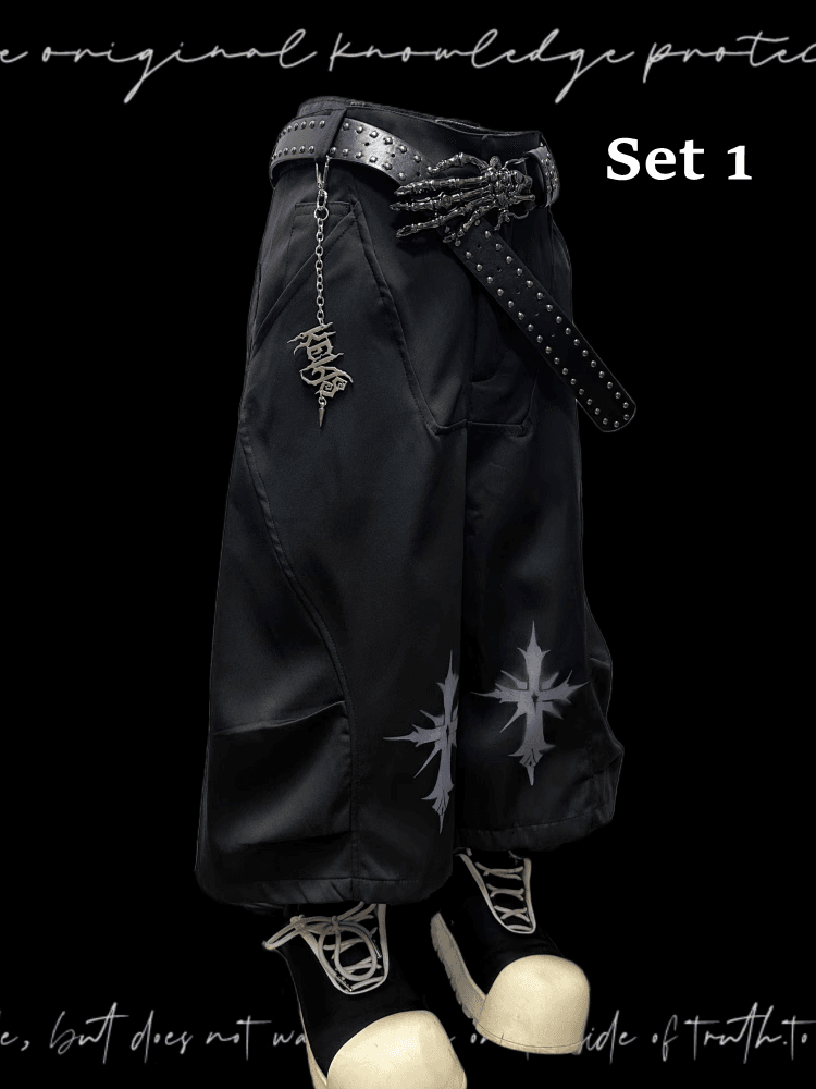 Rock Y2K Wide-leg Pants Free Charm Black Cross Print Punk with