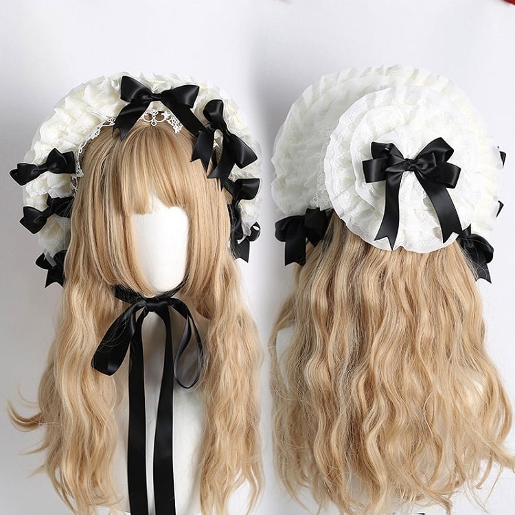 Colors Detachable Lolita Bowknot Bonnet Lace-Trimmed With Cute Elegant Beige 12