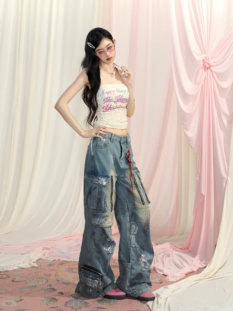 Print Glamorous Strapless Top Lace Drawstring Waist Letter Apricot
