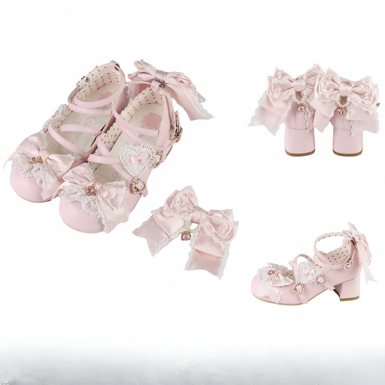 Schuhe Details Heels Bowknot Riemen Süßes Design Rosa Schnalle 2CM/5CM Herz Lolita Crisscross Block