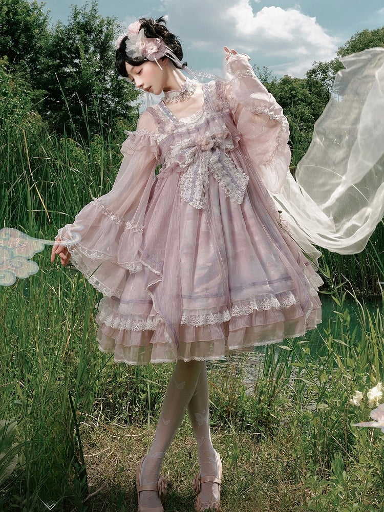 Han Bow Lolita Piece Long Pink-Purple Semi-sheer Print Sleeves Big Dress Whale Wide One