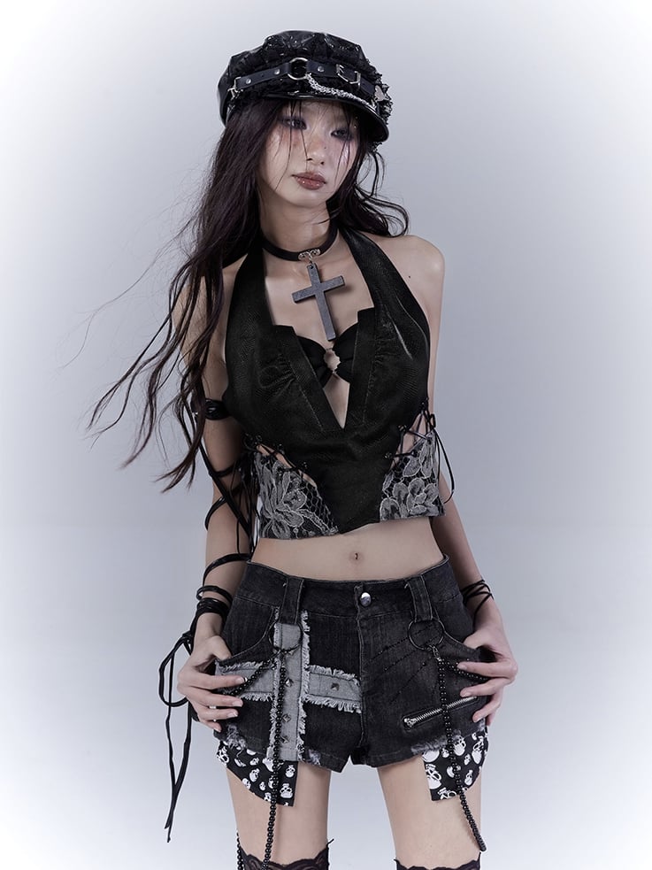 Denim Shorts Black Cross Applique Studded Glamorous Beaded Chain with Punk