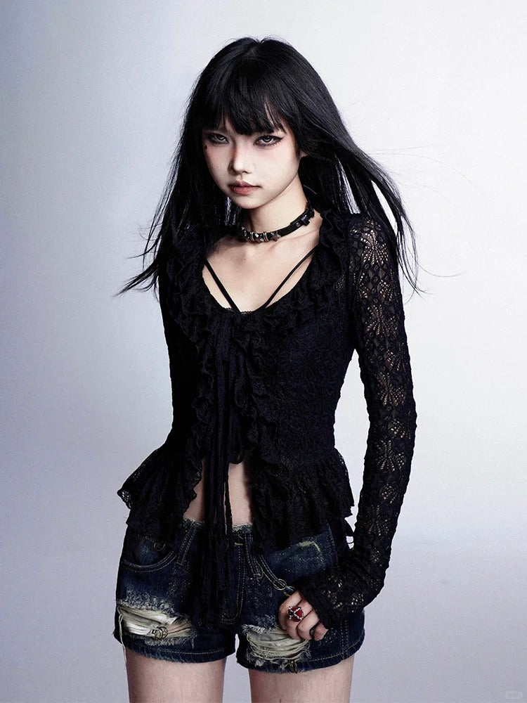 Cardigan with Top Ruffled Trim Lace Knitted Set V-neck Cami Black Hollow-out