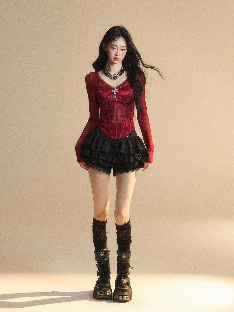 Red V-neck Top Rhinestone Embellished Glamorous Butterfly Embroidery