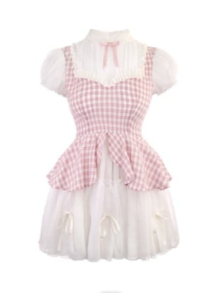 Mit zweiteiligem Faux Pink Kleid Muster Plaid Weiß