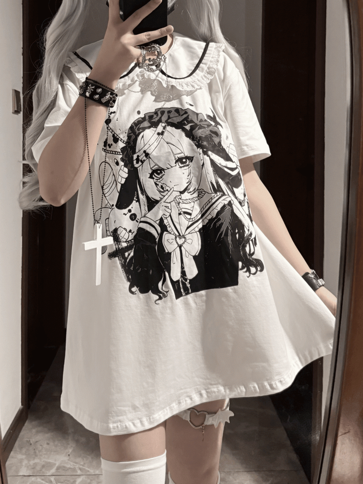 Pan Jirai Kei T-Shirt Weiß Anime Girl Print Peter Collar