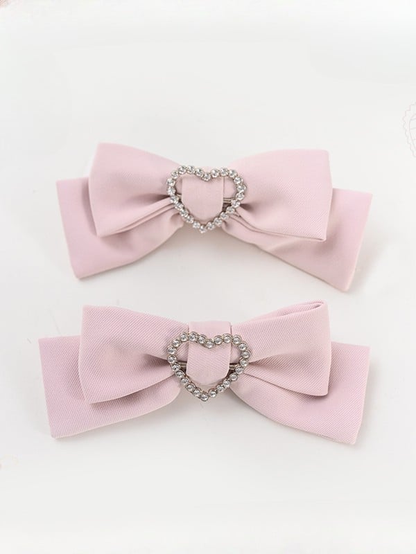 Jirai Kei Decorated Heart Bowknot Rhinestone Hairclips Black/Pink