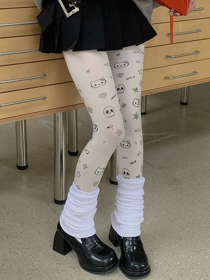 White Sweet Kitty Heart Star Print Cartoon Tights