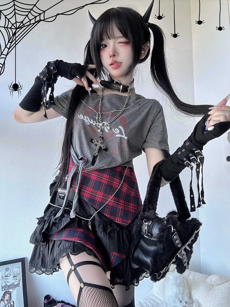 Jirai Black Skirt Lace Trim Idol Plaid Kei Tiered
