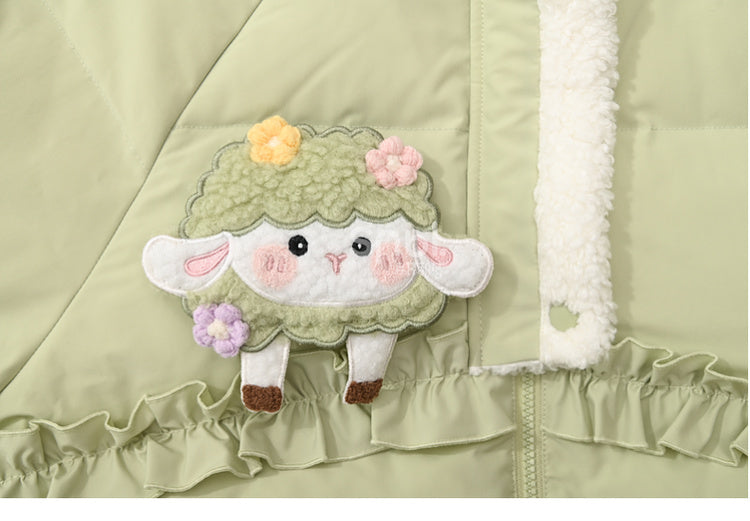 Green Cute Lamb Adorned Hooded Down Coat Ruffle Trim