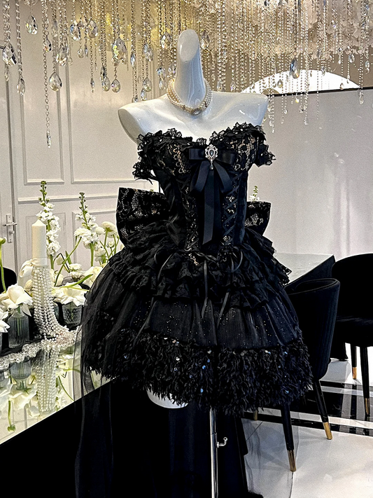 ブラックとゴールドのストラップレス スウィートハートネックライン コルセットトップ + キラキラ輝くブラックスパンコールスカート