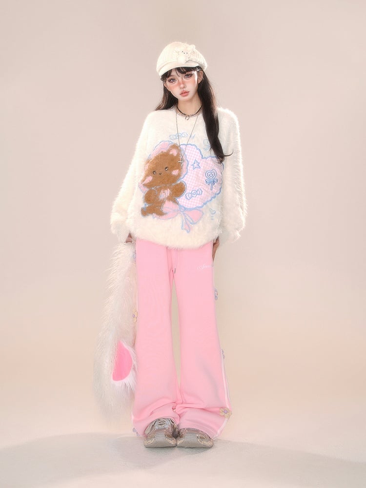 グレーピンクの花柄ストレートレッグカットパンツ