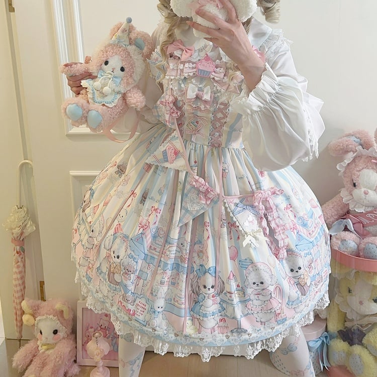Flags Dress Puppy's Afternoon with Print Light Sweet Lolita Tea Ribbon Yellow