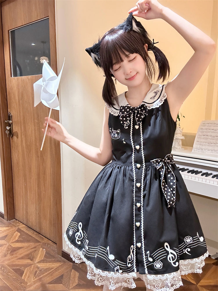 Design Sleeveless Melodic Kitty Black Sailor Collar Keyboard Dress Back