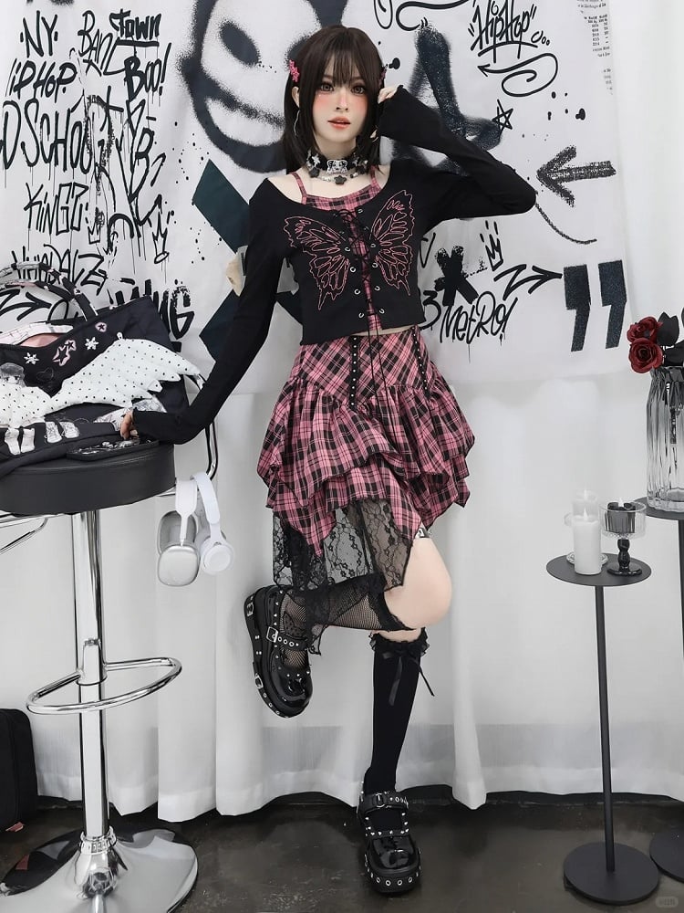 Top Faux Y2K Lace-up Front Butterfly Print Black Pink Plaid Two-pieces and