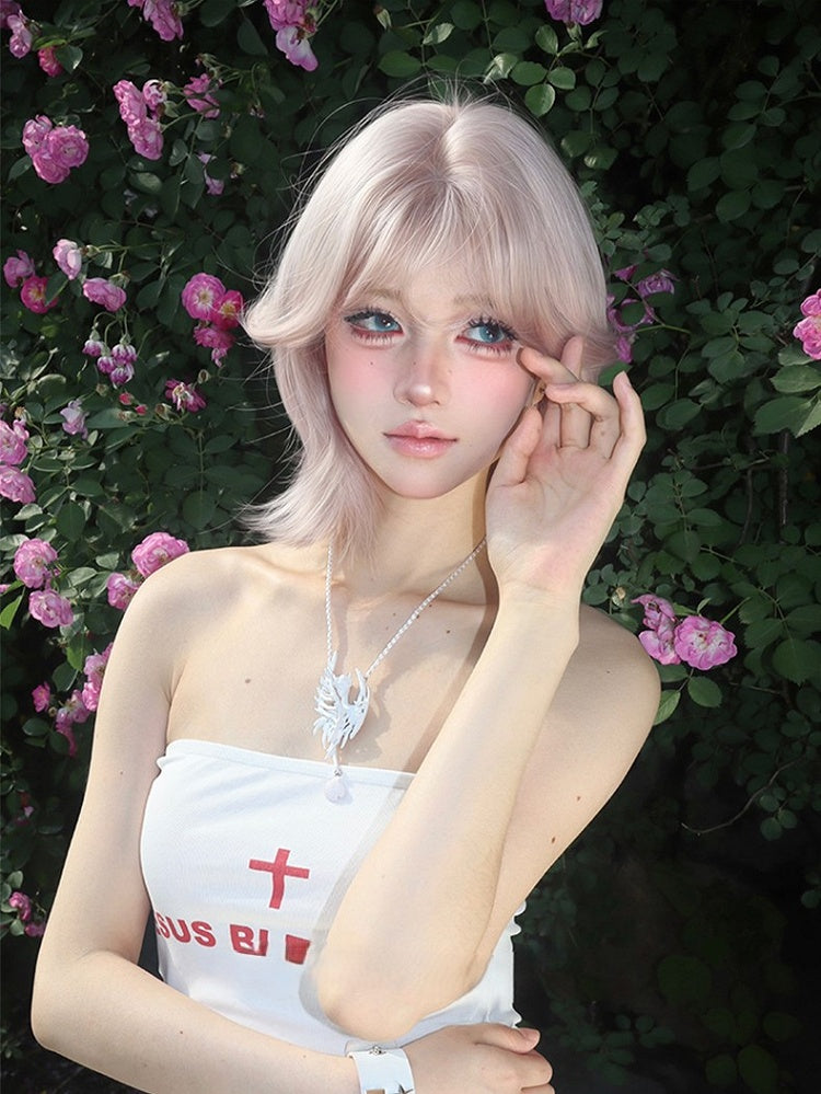 With Light 35CM Bangs Wig Pink Short Curtain Length