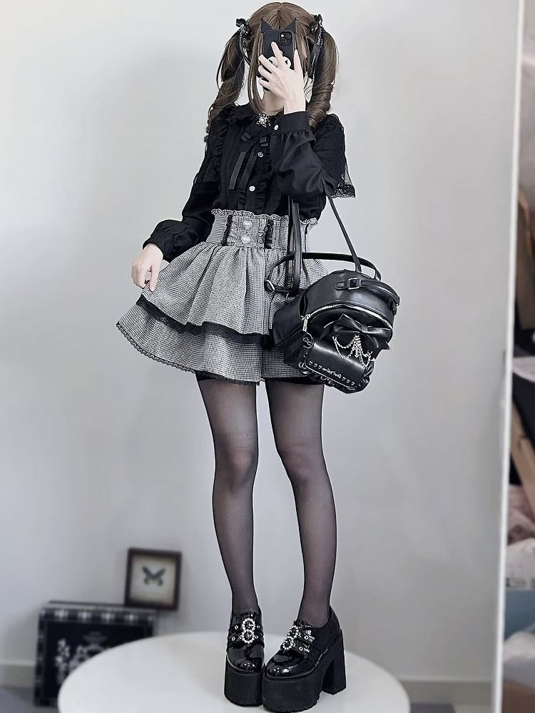 Tiered Details Black Plaid Kei + Jirai Pleating Skirt Outfit- BlackWhite Shirt