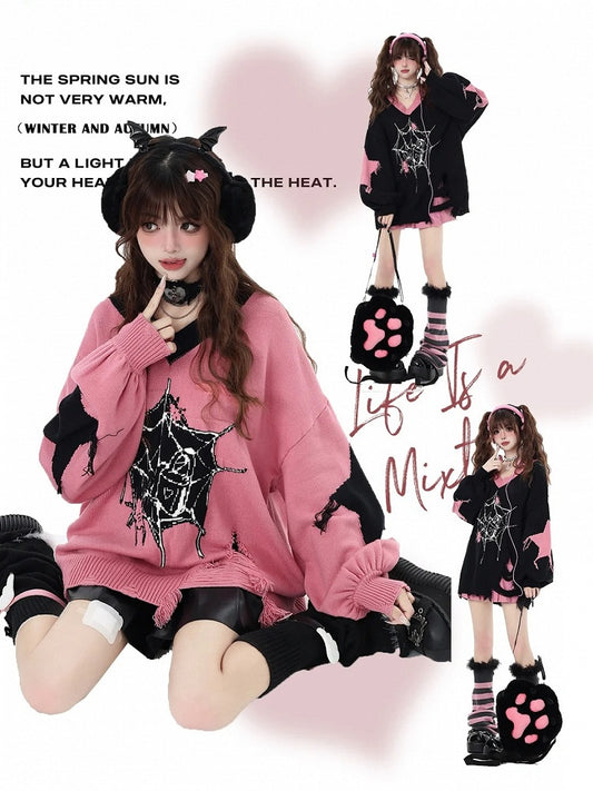 Web Spider Löcher Muster Pullover Saum Distressed Pink