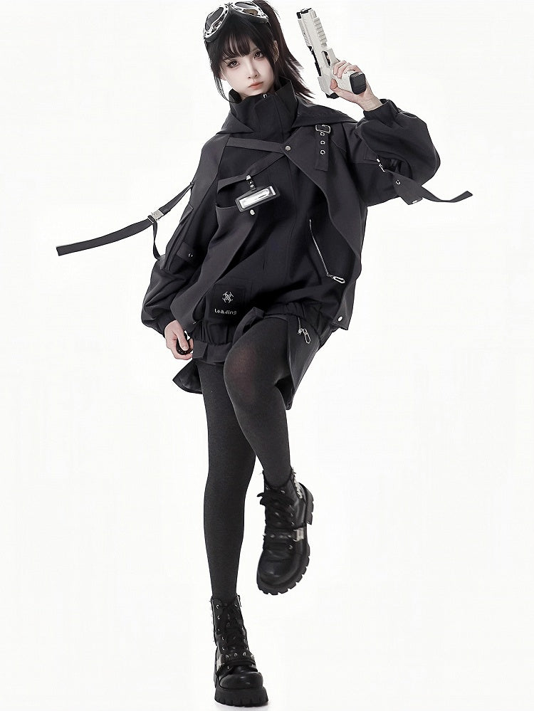 Schwarze Schnallenriemen, elastische Bündchen, Kapuzenjacke, kurze/lange Version