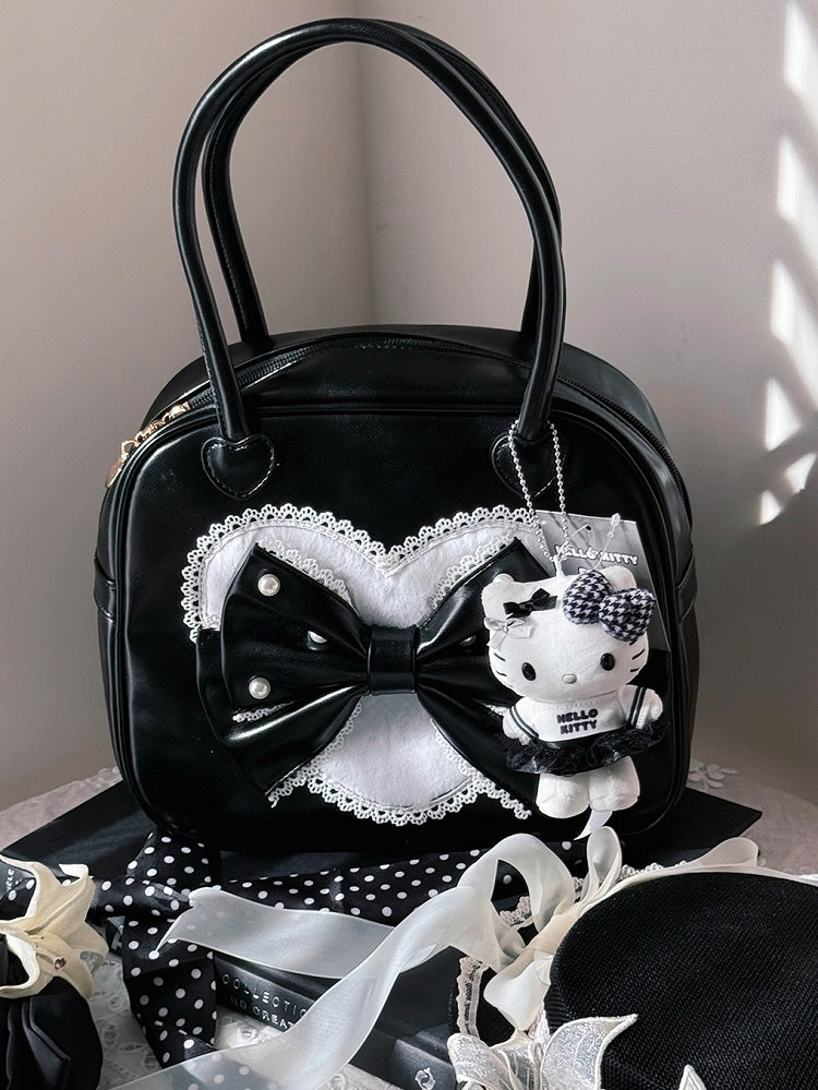 Decorated Sweet Black Hand Beaded Bag Plush Lolita Heart Bowknot