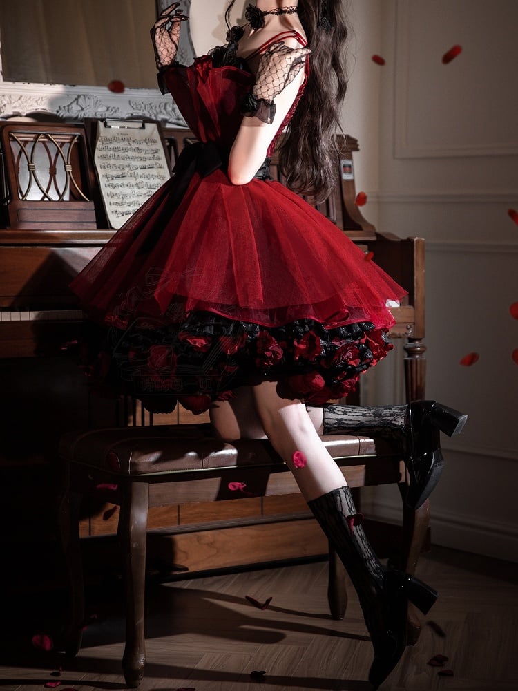 Black Dress Neckline Party Jumper Birthday Straps Floral Red and Lolita Skirt Spaghetti