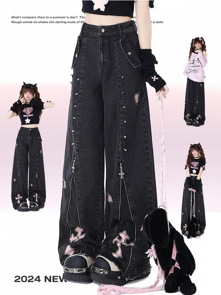 Waist Black Detail Jeans Punk Design Studs Zips High