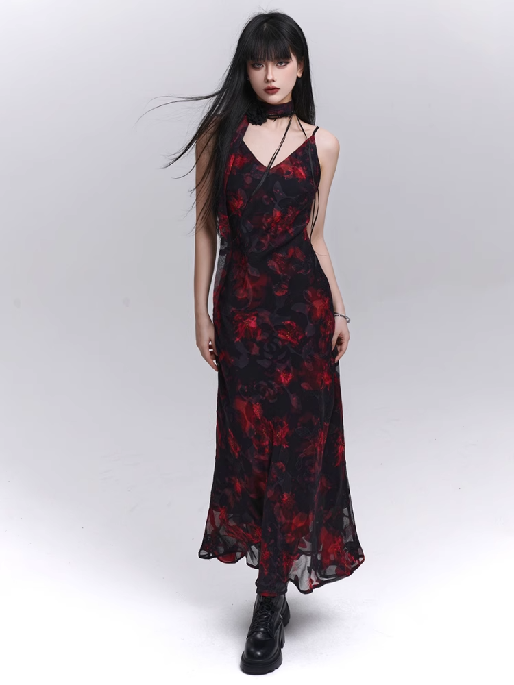 Floral Length Red and Black V-Neck Ankle Slip Dress
