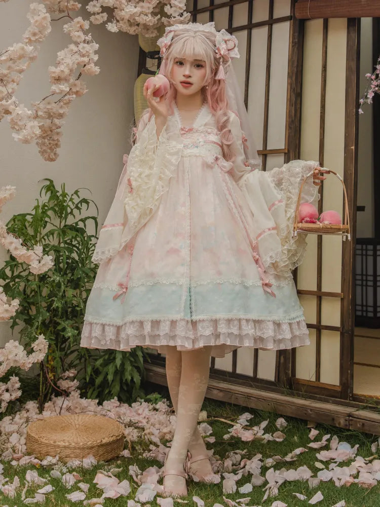 Peach and Peach Blossom Print Pink Empire Waist Han Lolita Dress