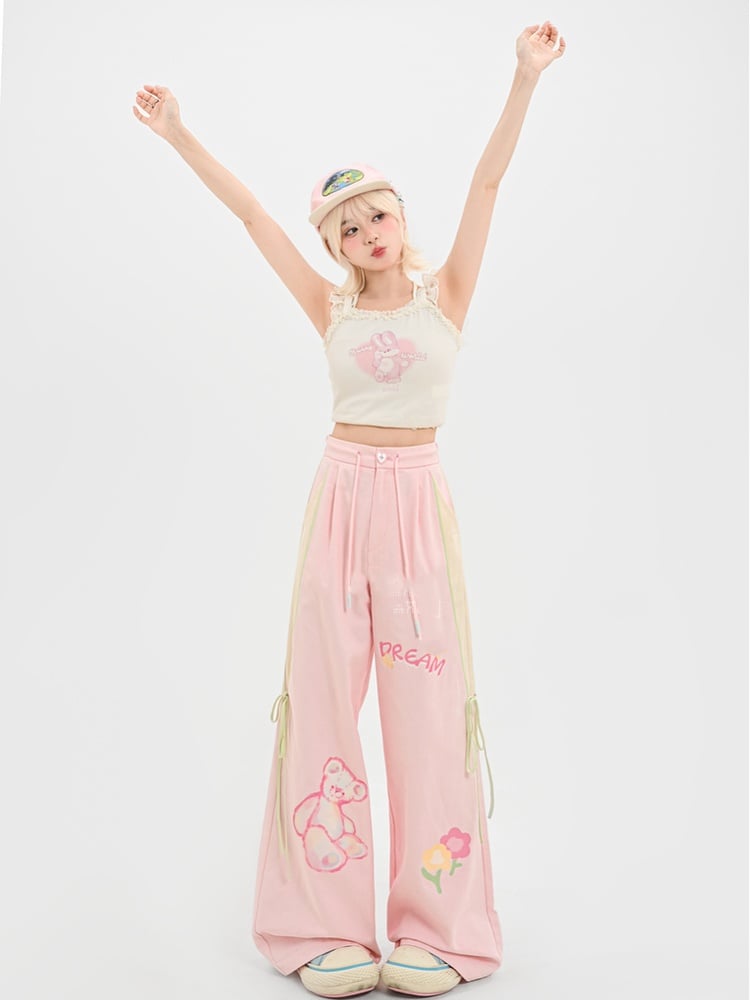 Adorable Bear Print Pink Version Wide-leg Casual Pants Long/Short