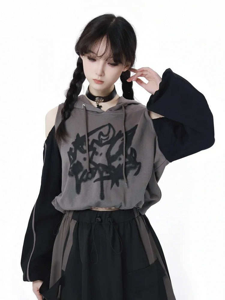 Print Colorblock Design Drawstring Gray Hem Hoodie and Cutout Shoulder Star Black