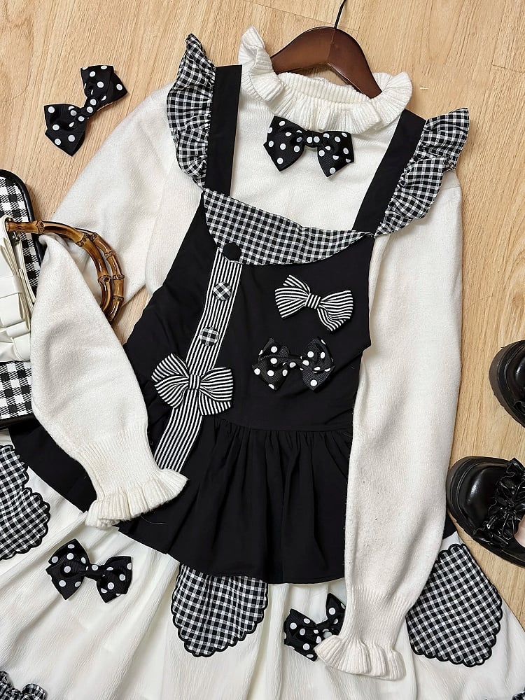 Schwarzes Gingham Lolita-Overallkleid mit süßer Schleife