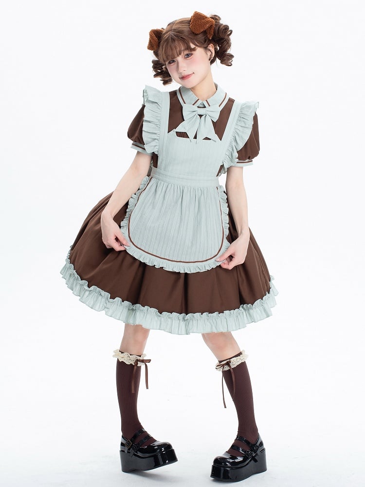 Dress Puff Short Lolita Sleeves Brown Kitty Mint Green + Maid and Apron