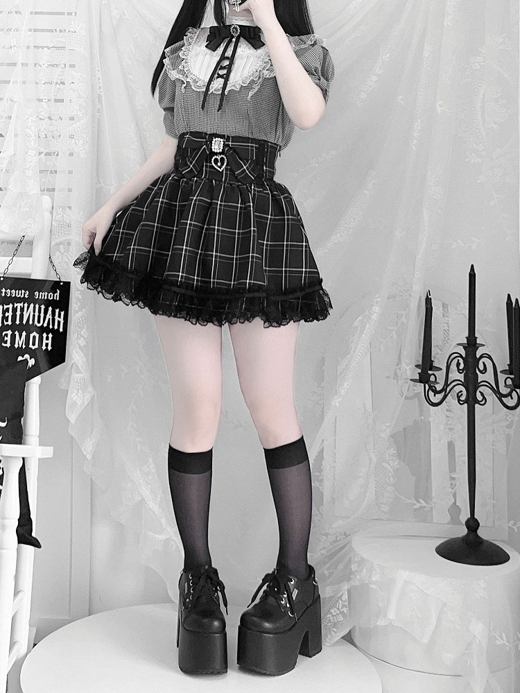 / Lace Trim with Bead Details White Plaid Blouse Jirai Kei Illusion Neckline Black
