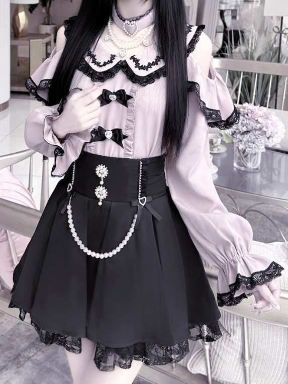 Detachable Design Choker Pink Trim Black Lace Jirai Kei Peter Pan Collar Cutout Shoulder Contrast Blouse with