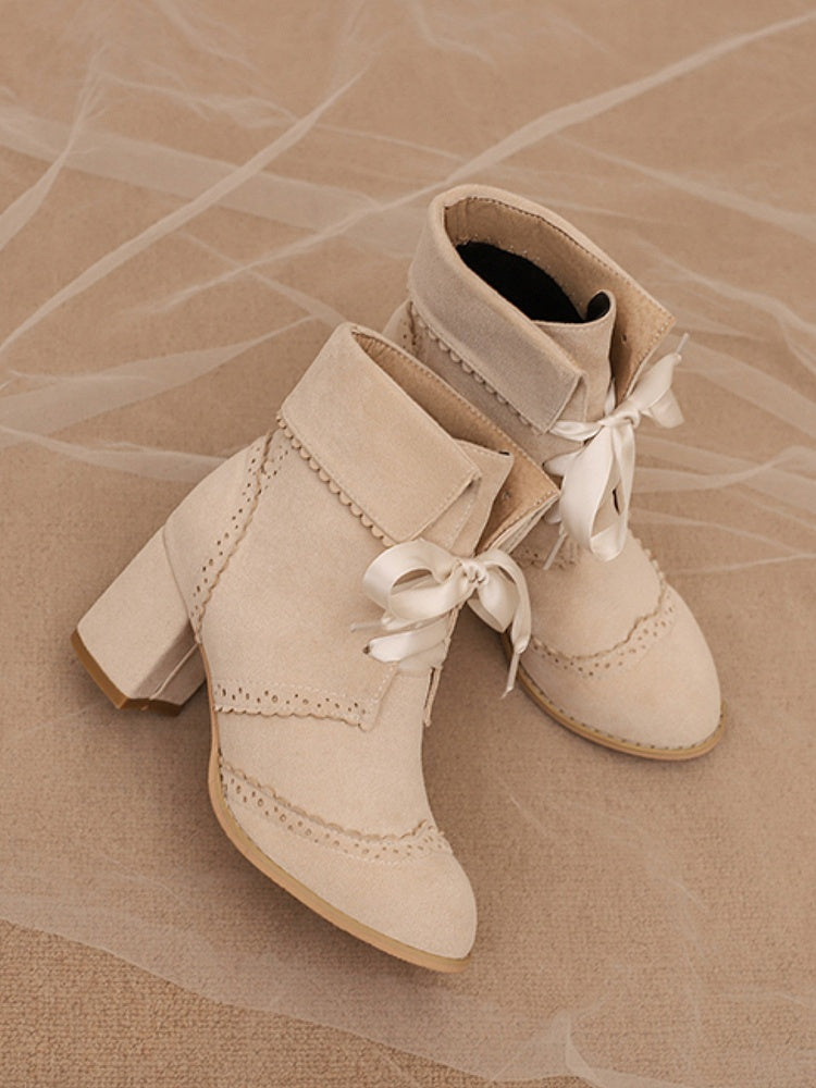 Gewellter Saum – Blockabsatz, beige, umklappbar, normale/dicke Stiefel, hohe Schaftversion mit