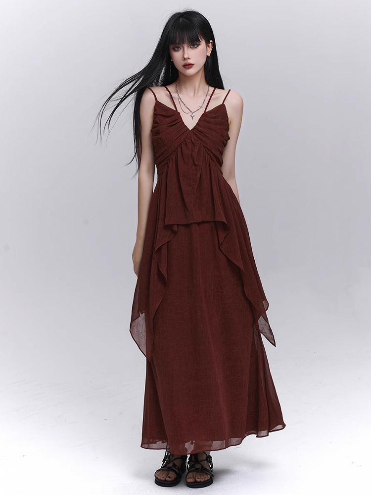 Waist Ankle Length Skirt Dark Red Elastic